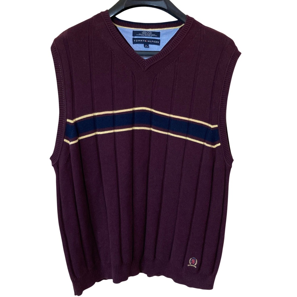 Tommy Hilfiger Mens XL V-Neck Sweater Vest Burgundy Striped Ribbed‎ Cotton Knit